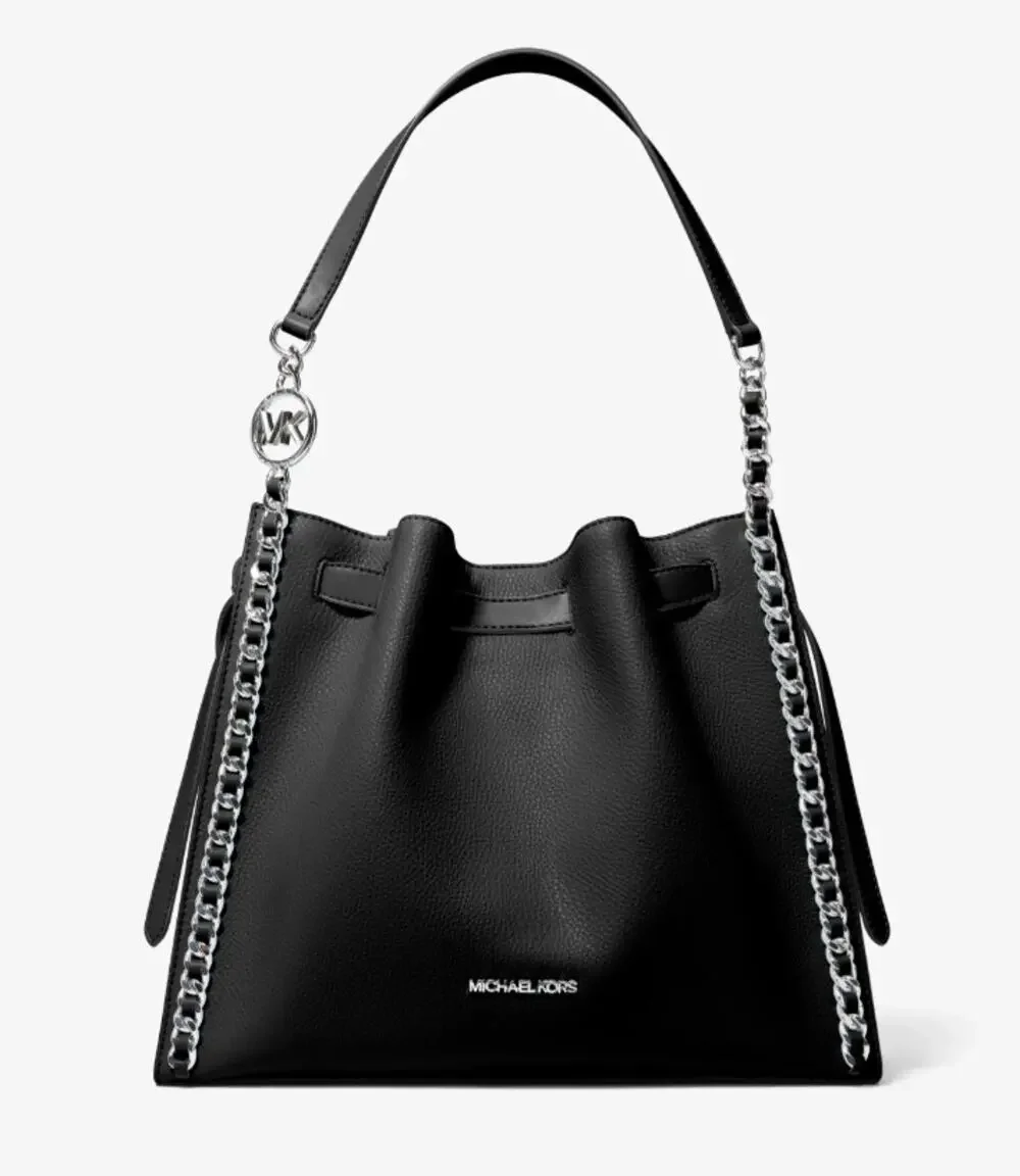 NEW Michael Kors MK Black Mina Large Chain Belted Vegan Leather Shoulder Bag